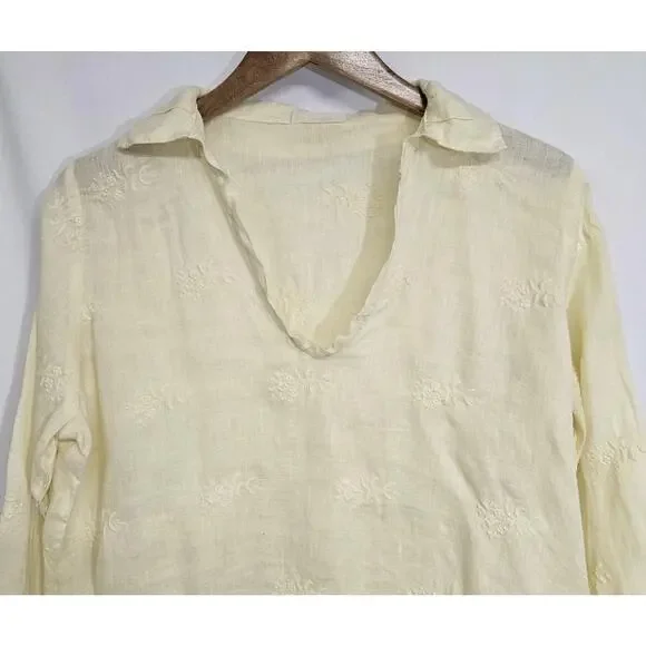 CP Shades Yellow Linen Embroidered Long Sleeve V-neck Boxy Oversized Top Size XS - Picture 2 of 7
